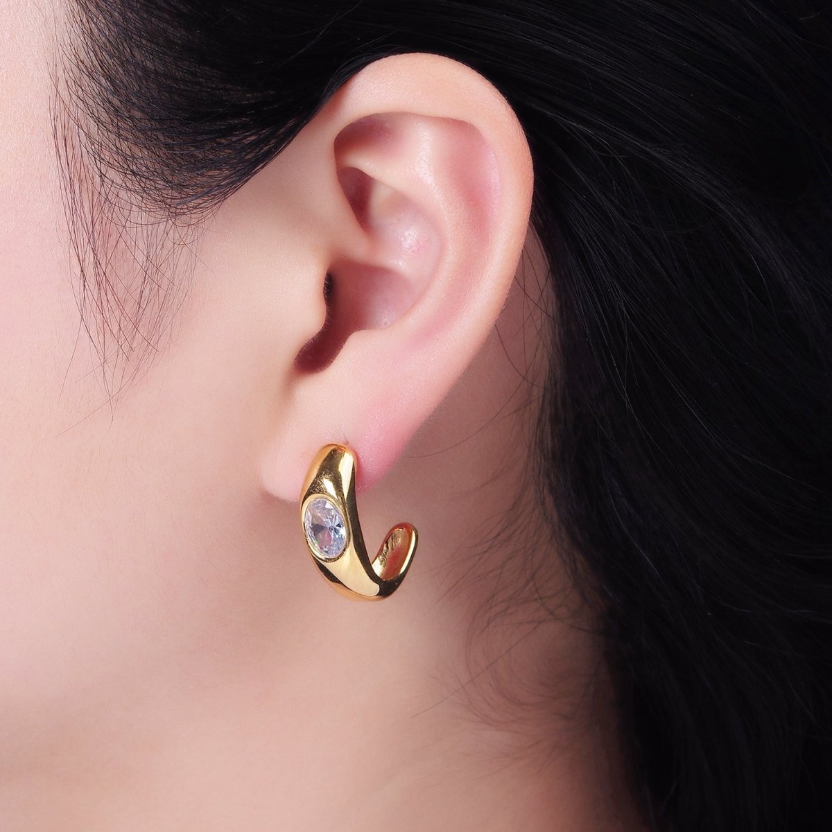 Stainless Steel 20mm Clear Oval CZ Edged J-Shaped Hoop Earrings | AE395