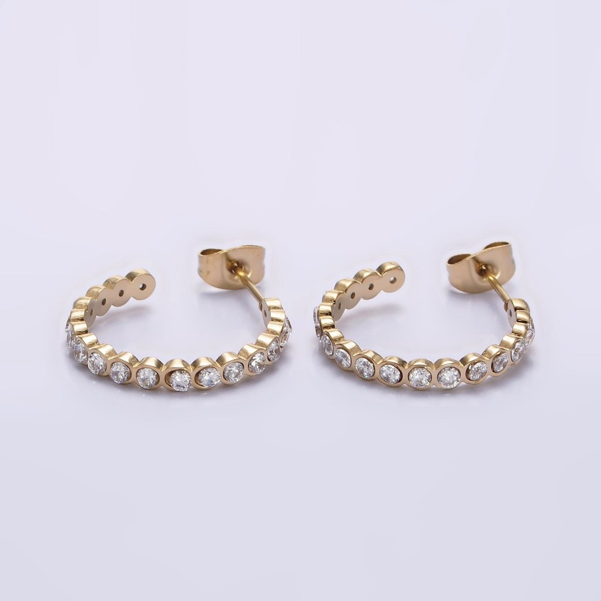 Stainless Steel 20mm Clear Round CZ Lined C-Shaped Hoop Earrings | AE711