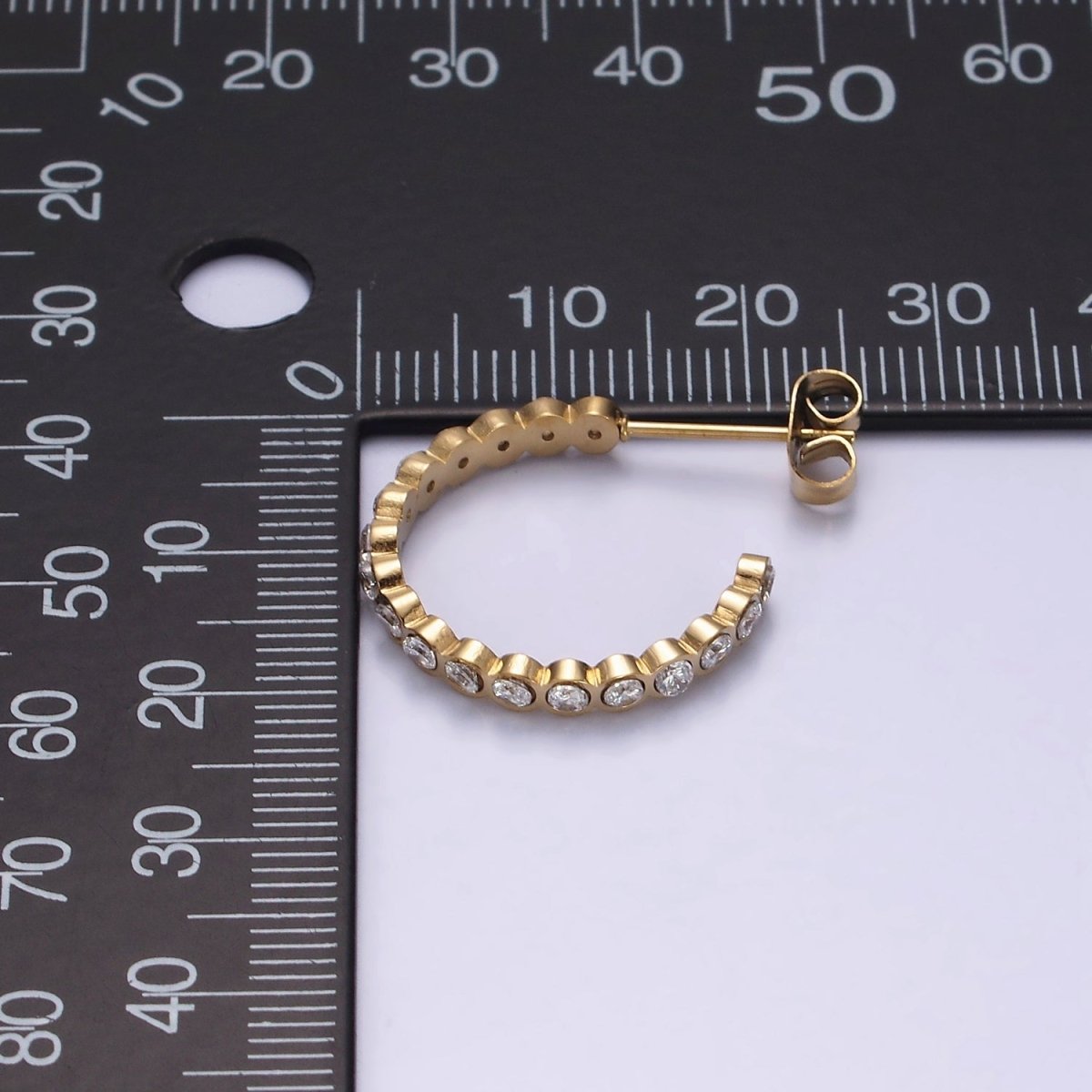 Stainless Steel 20mm Clear Round CZ Lined C-Shaped Hoop Earrings | AE711