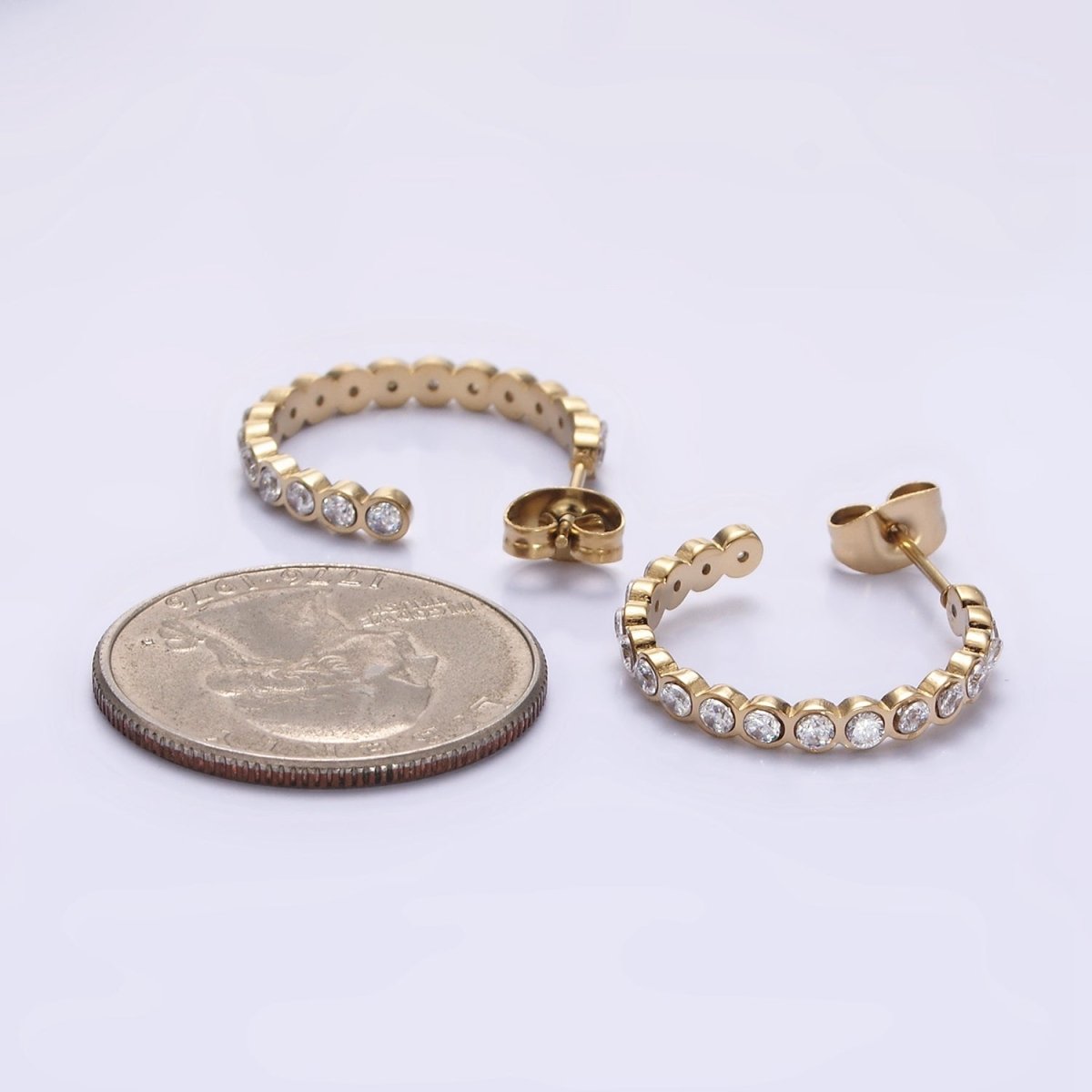 Stainless Steel 20mm Clear Round CZ Lined C-Shaped Hoop Earrings | AE711