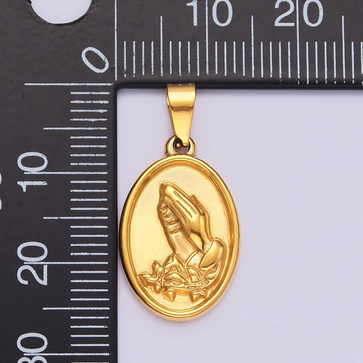 Stainless Steel 20mm Prayer Hands Religious Lined Double Sided Oval Pendant | P-803