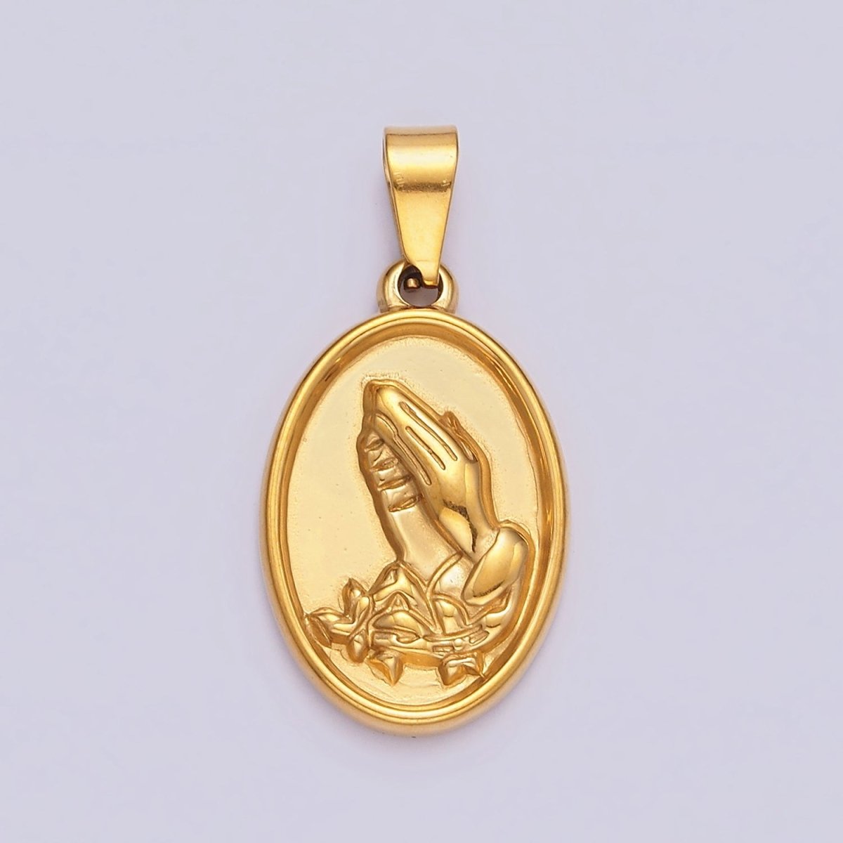 Stainless Steel 20mm Prayer Hands Religious Lined Double Sided Oval Pendant | P-803