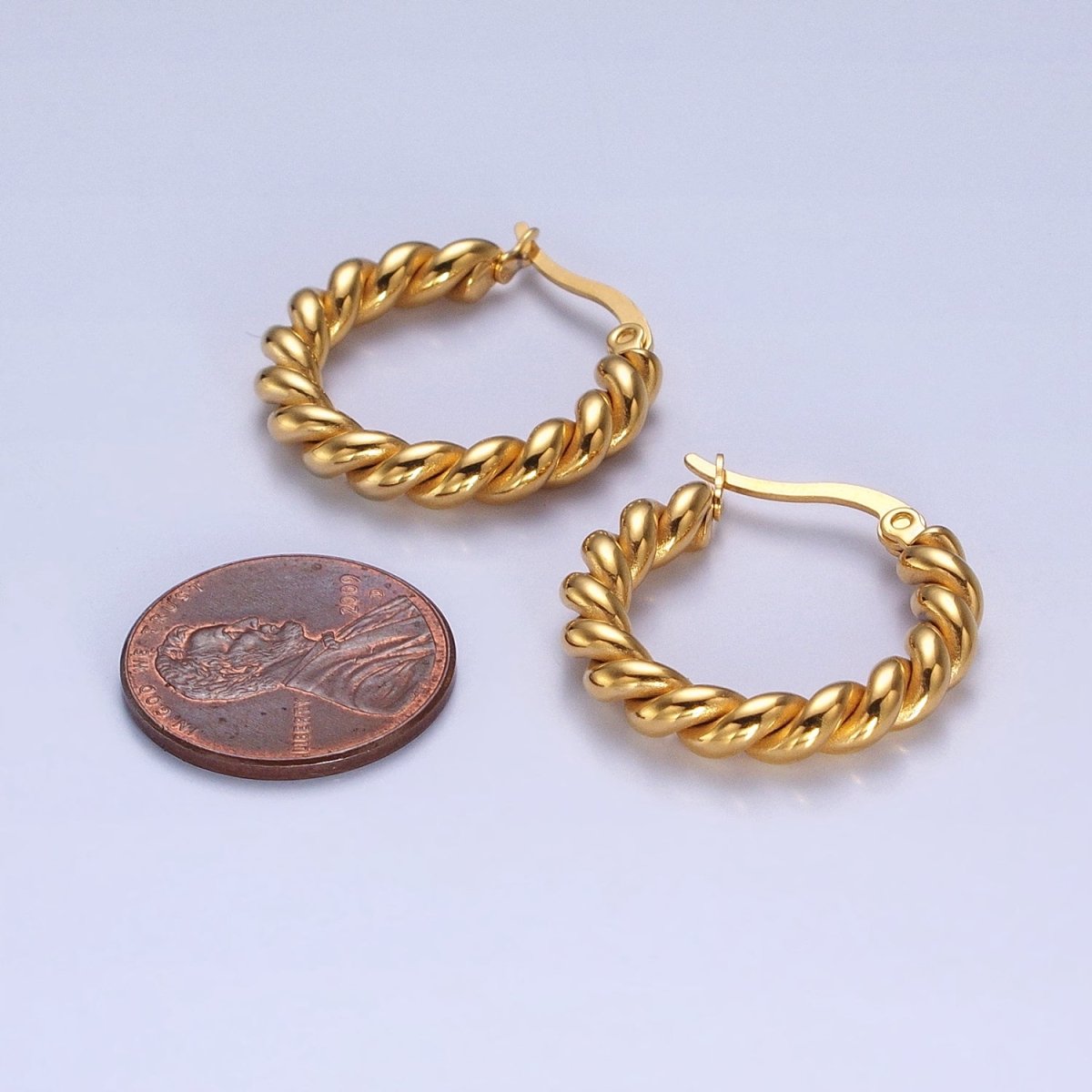 Stainless Steel 24mm Gold Braided Twist Hoop Latch Earrings | AB350