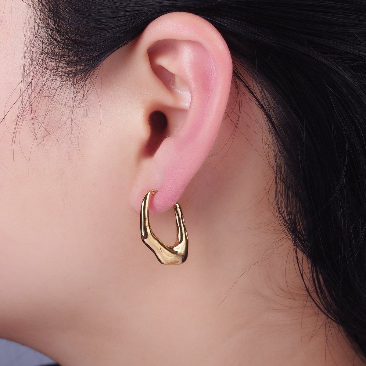 Stainless Steel 25mm Abstract Molten Band J-Shaped Hoop Earrings | AE443