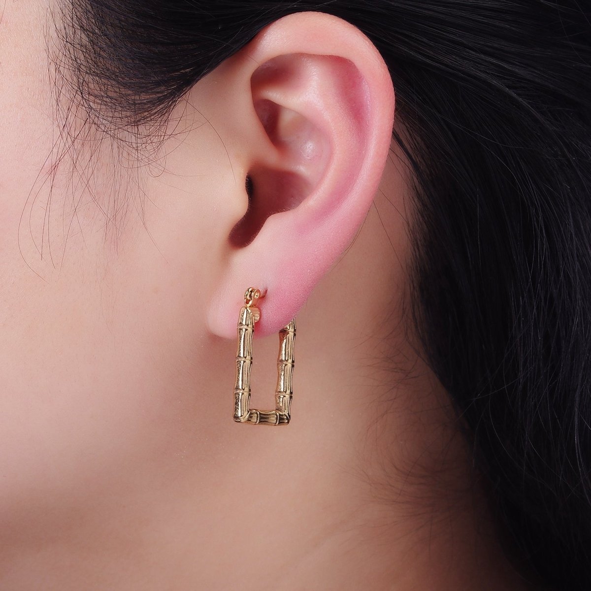 Stainless Steel 25mm Bamboo Plant Rectangle Latch Hoop Earrings | AE444