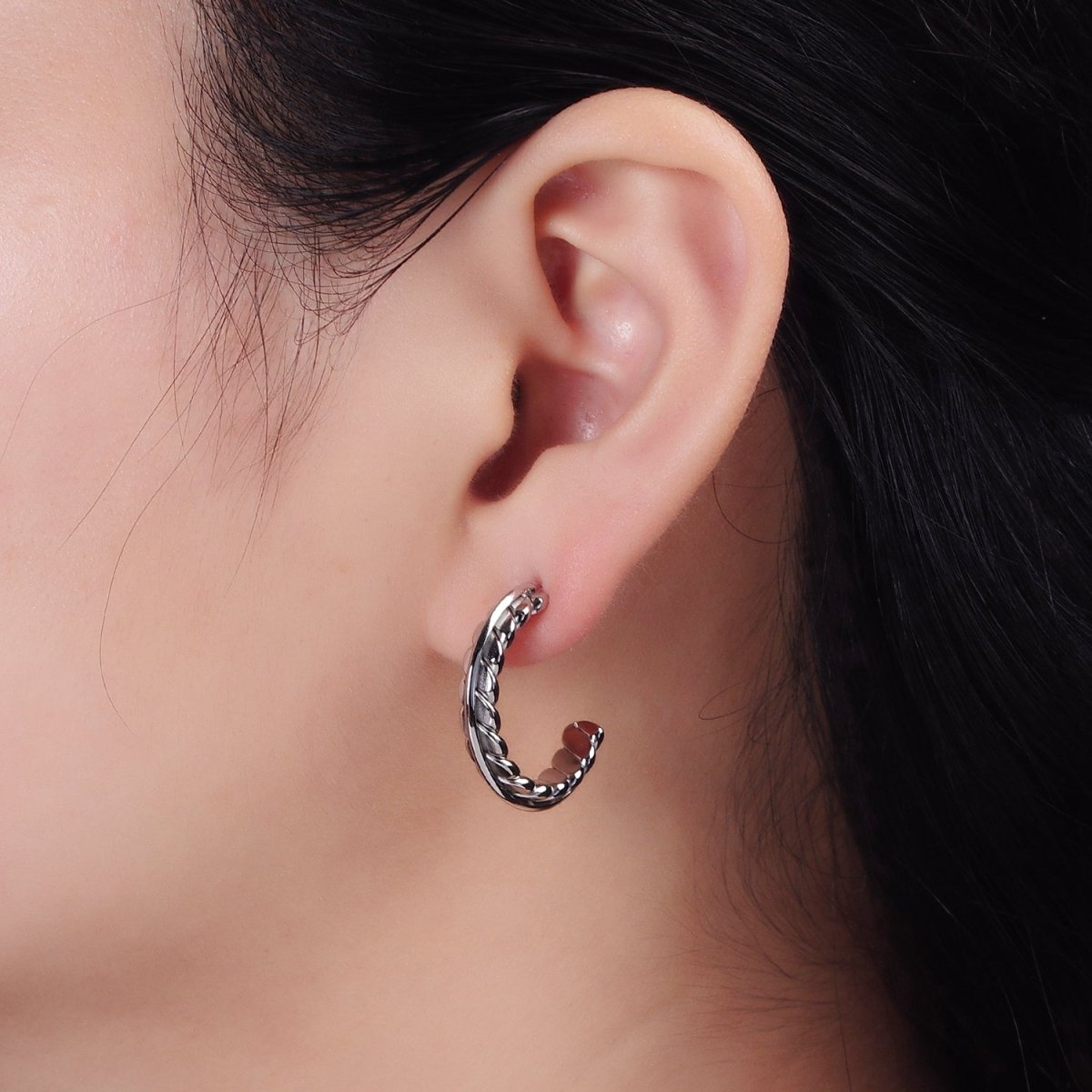 Stainless Steel 25mm Geometric Flat Lined Bar C-Shaped Hoop Earrings | AE723