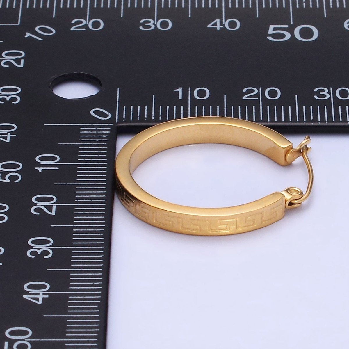 Stainless Steel 25mm Geometric Lined Engraved Latch Hoop Earrings in Gold & Silver | P442 P443