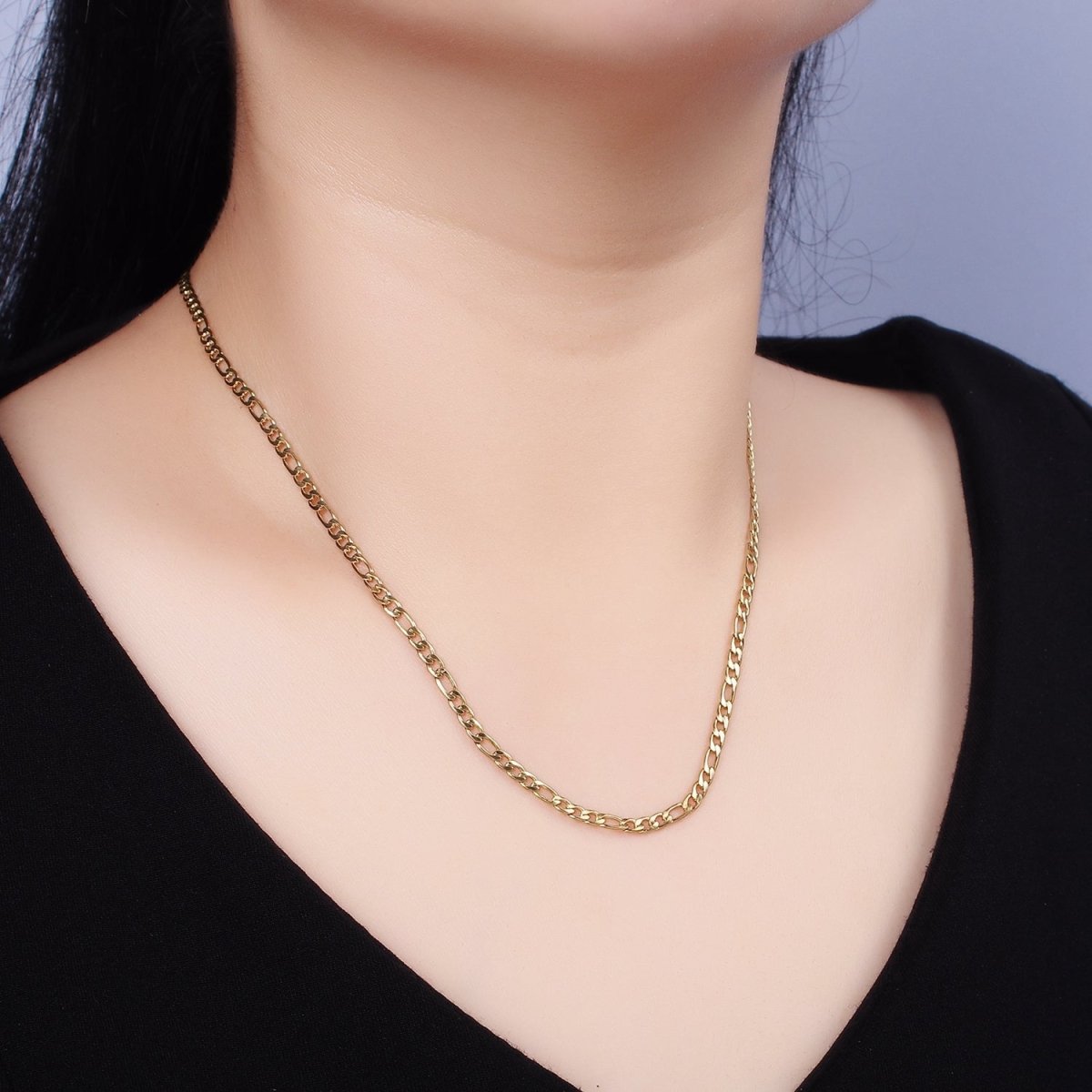 Stainless Steel 2.8mm Flat Figaro 17.72 Inch Layering Princess Chain Necklace | WA-2002 Clearance Pricing