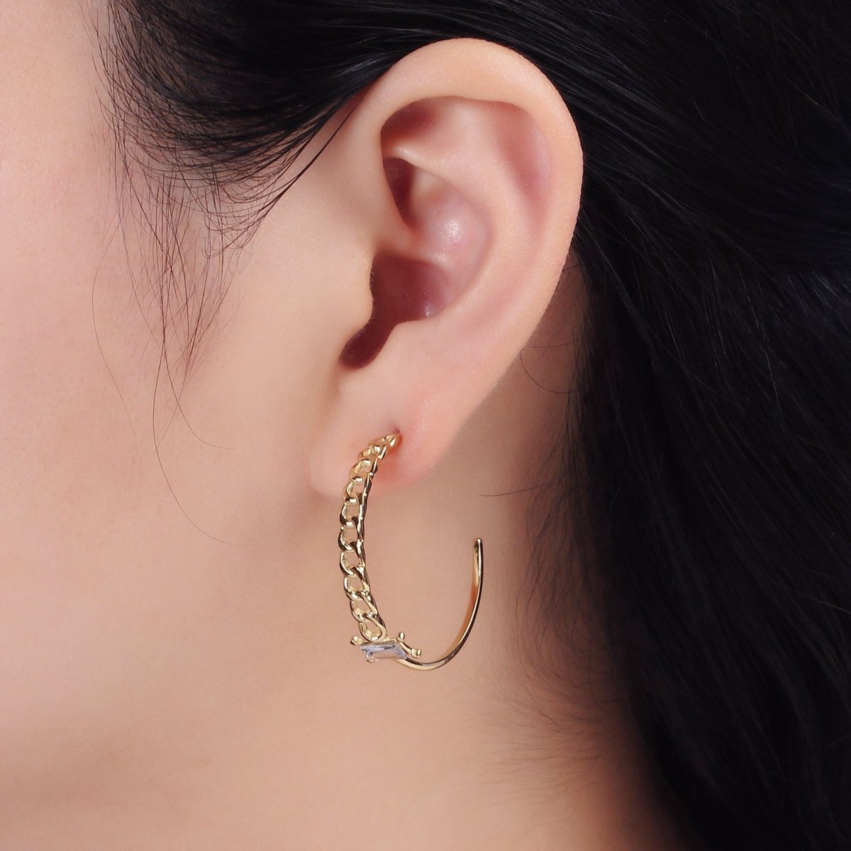 Stainless Steel 30mm Clear Baguette CZ Curb Half Link C-Shaped Hoop Earrings | AE707