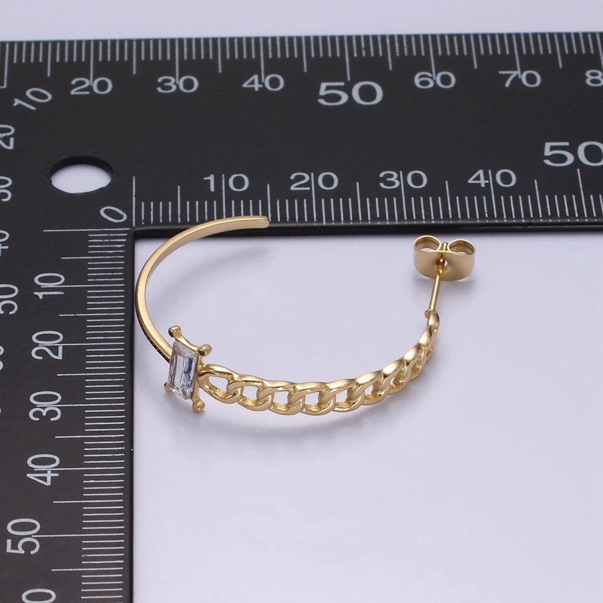 Stainless Steel 30mm Clear Baguette CZ Curb Half Link C-Shaped Hoop Earrings | AE707