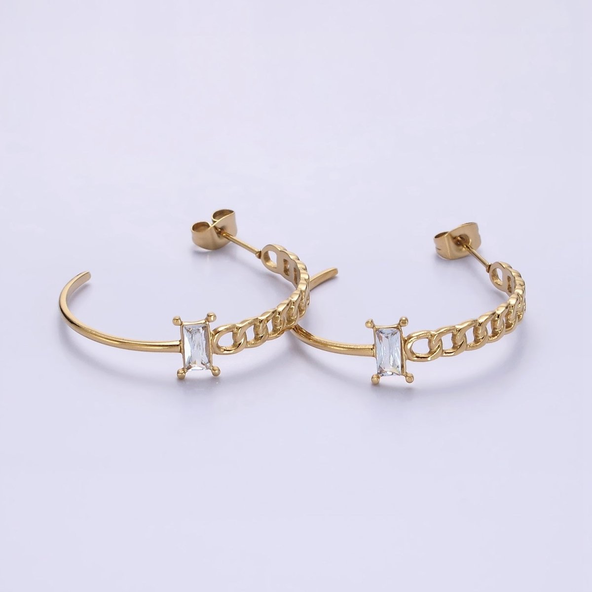Stainless Steel 30mm Clear Baguette CZ Curb Half Link C-Shaped Hoop Earrings | AE707