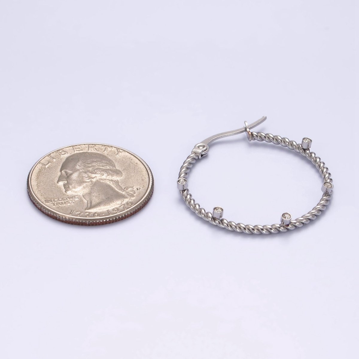 Stainless Steel 30mm Clear CZ Dotted Braided Twist French Lock Latch Hoop Earrings Set | AE726