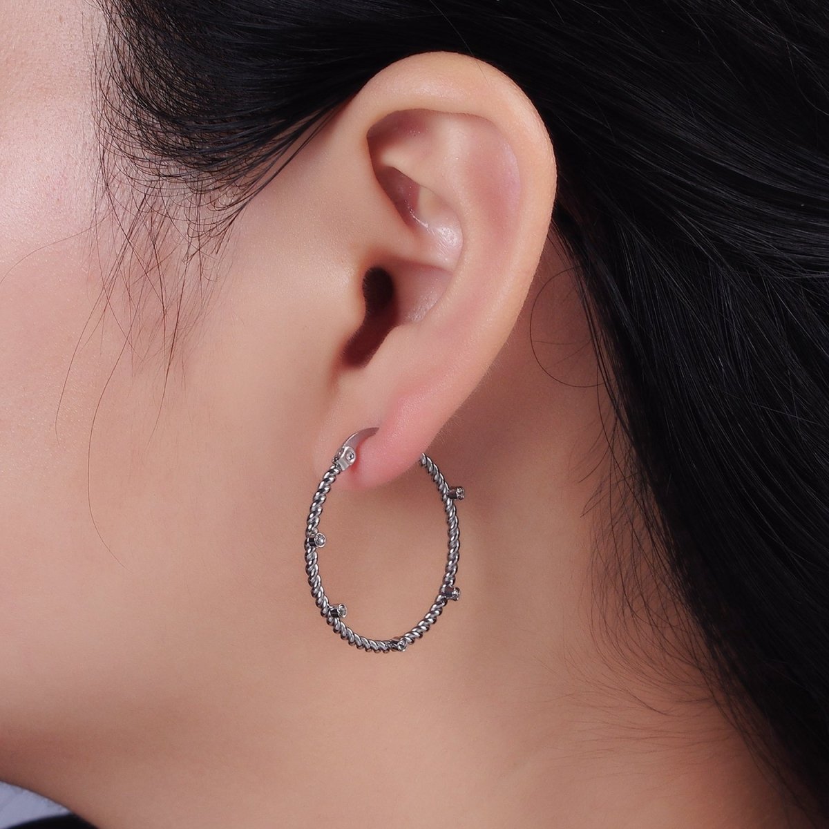 Stainless Steel 30mm Clear CZ Dotted Braided Twist French Lock Latch Hoop Earrings Set | AE726