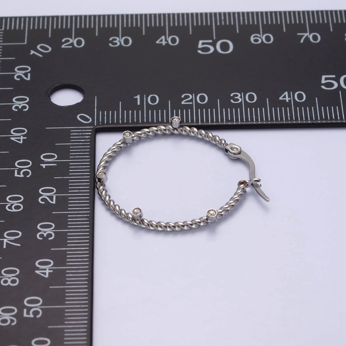 Stainless Steel 30mm Clear CZ Dotted Braided Twist French Lock Latch Hoop Earrings Set | AE726