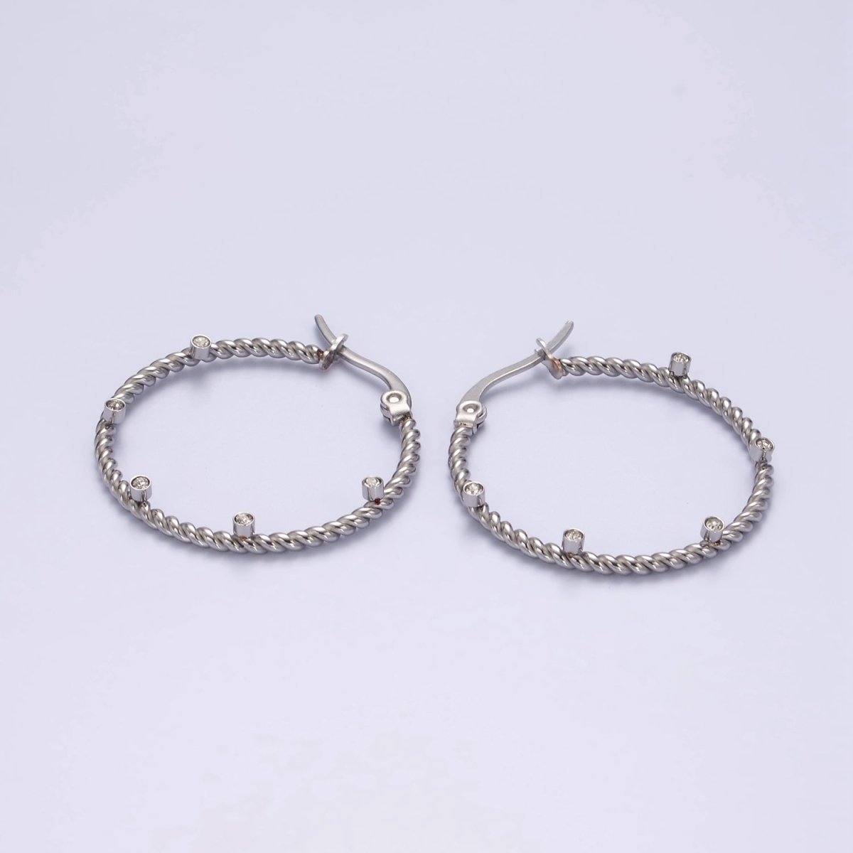 Stainless Steel 30mm Clear CZ Dotted Braided Twist French Lock Latch Hoop Earrings Set | AE726