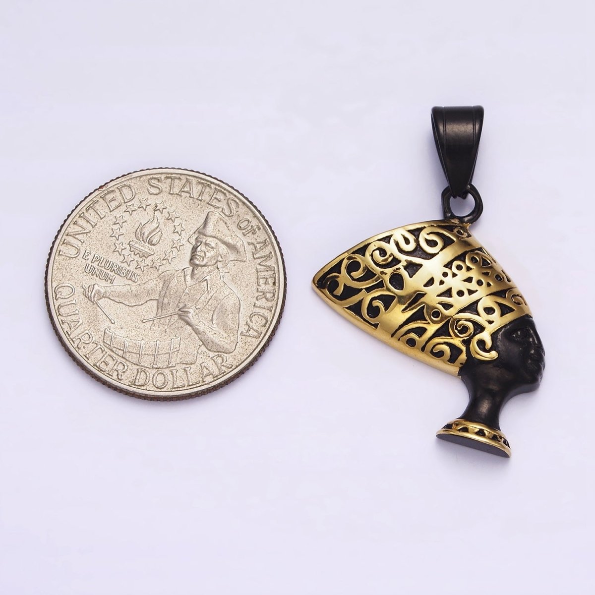 Stainless Steel 34mm Queen Nefertiti Egyptian Goddess Gold-Accented Black Pendant J-690