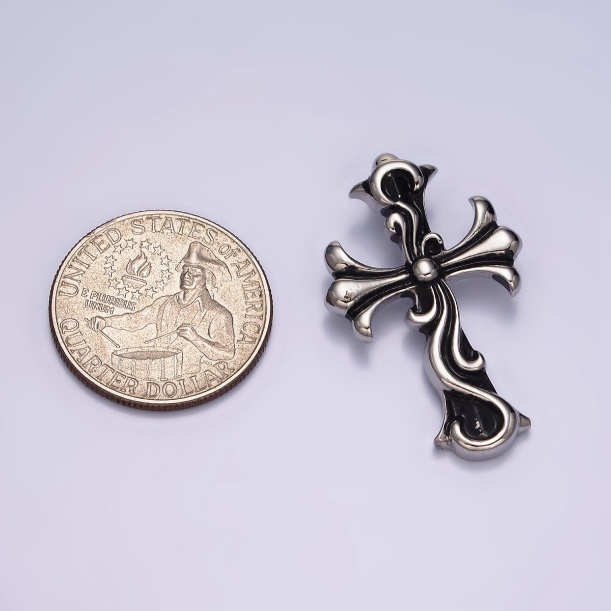 Stainless Steel 35mm Twirl Ribbon Fleury Cross Charm  P-553