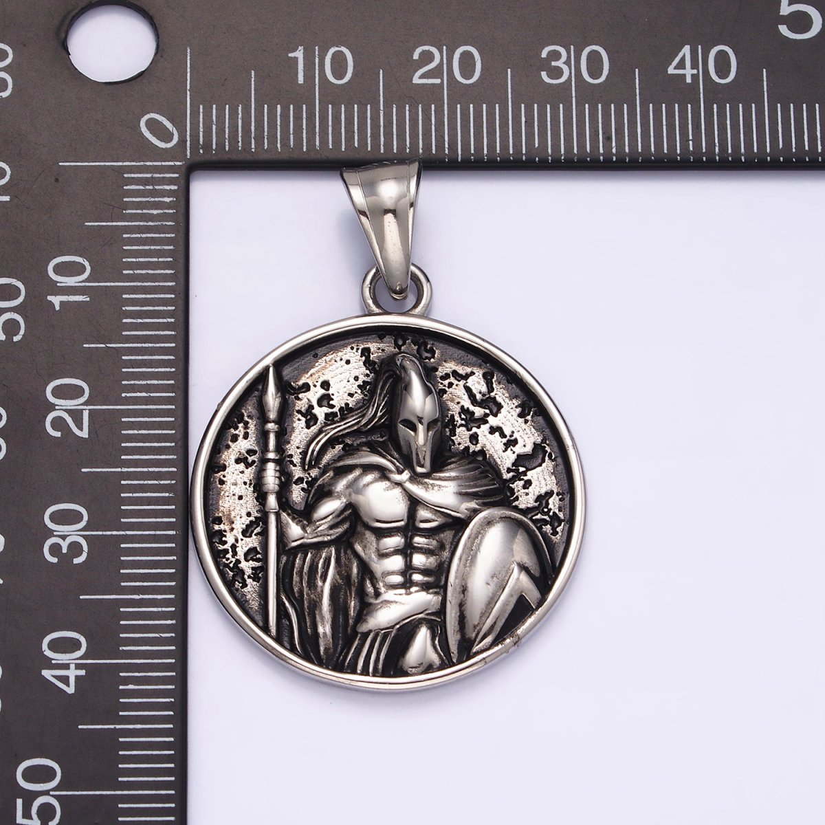 Stainless Steel 35mm Warrior Soldier Spear Shield Round Pendant | P-824