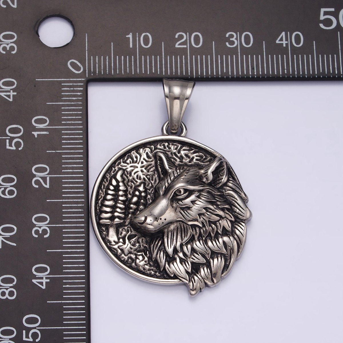 Stainless Steel 35mm Wolf Animal Nature Forest Trees Textured Round Pendant | P-827