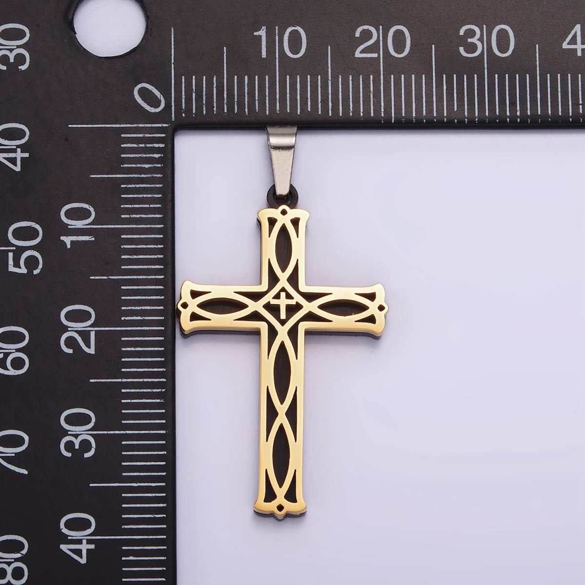 Stainless Steel 37.5mm Celtic Black Back Accented Artisan Bar Religious Cross in Gold & Silver | P-757