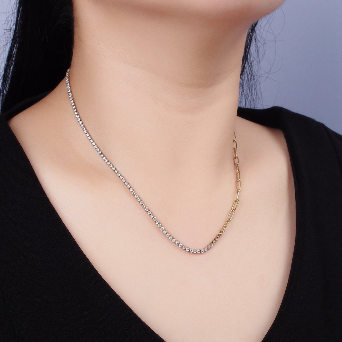 Stainless Steel 3mm Half Paperclip Clear Tennis Chain 15.5 Inch Choker Chain Necklace | WA-2046 Clearance Pricing