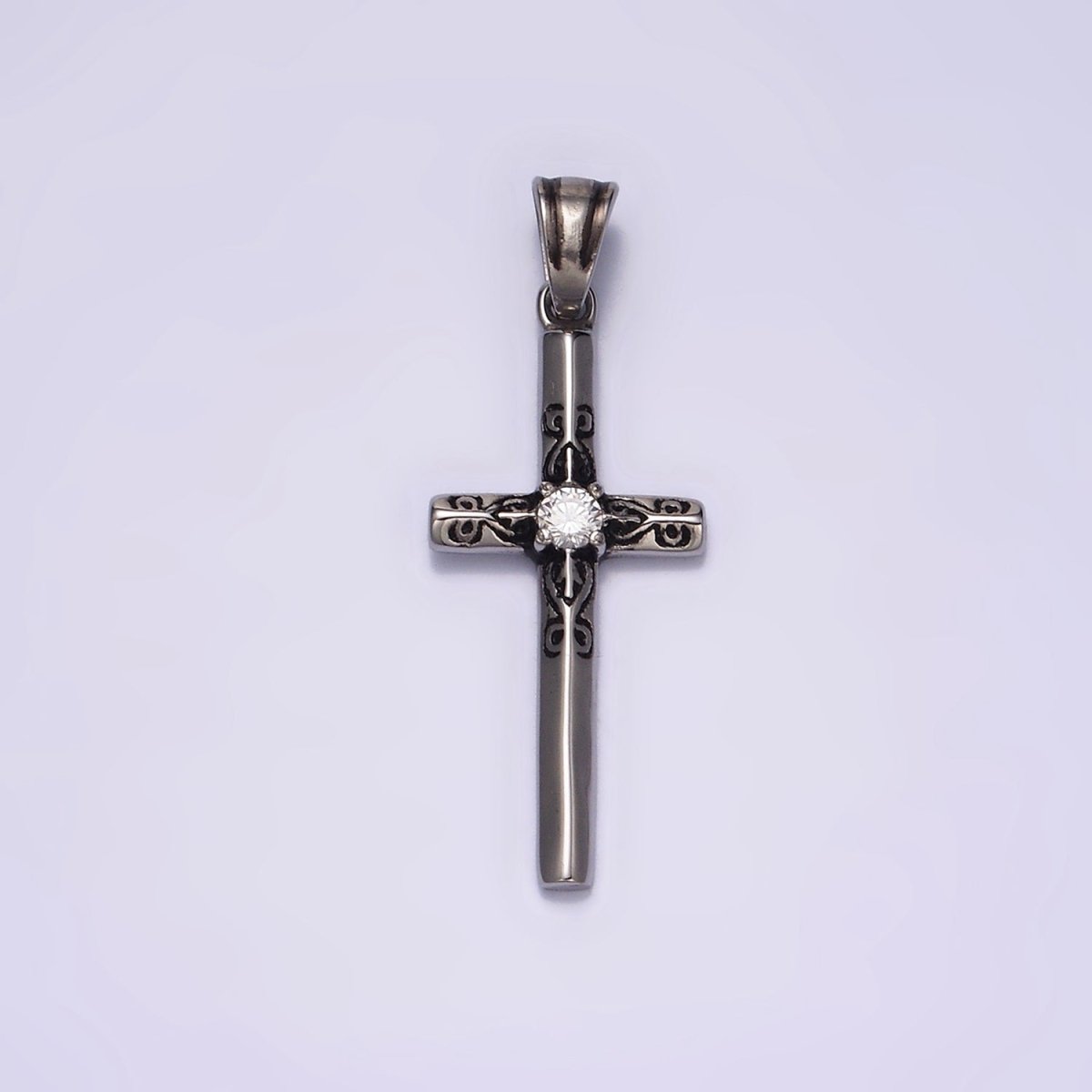 Stainless Steel 40mm, 50mm Round Clear CZ Engraved Edged Latin Cross Pendant  P-555 P-556