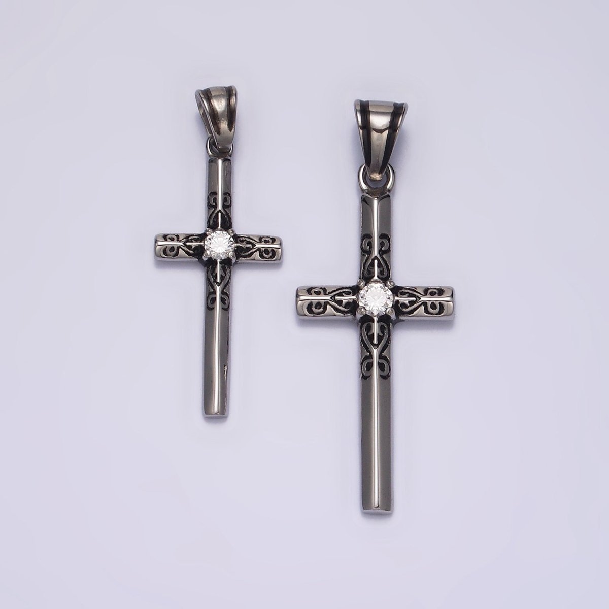Stainless Steel 40mm, 50mm Round Clear CZ Engraved Edged Latin Cross Pendant  P-555 P-556