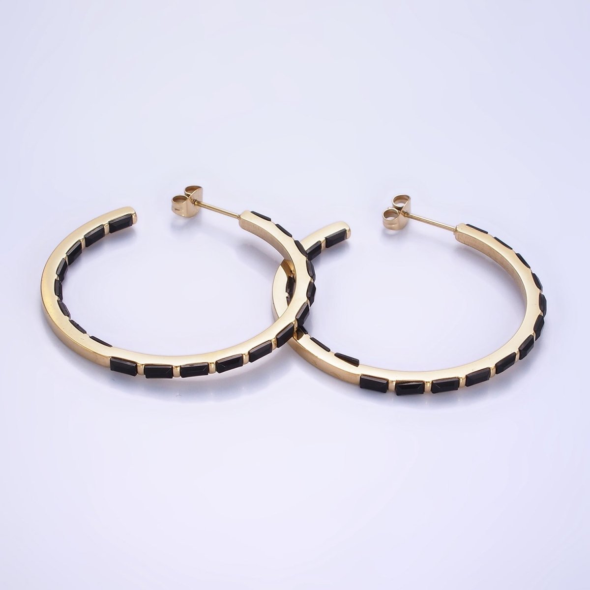 Stainless Steel 40mm Black Baguette CZ Lined C-Shaped Hoop Earrings | AB1151