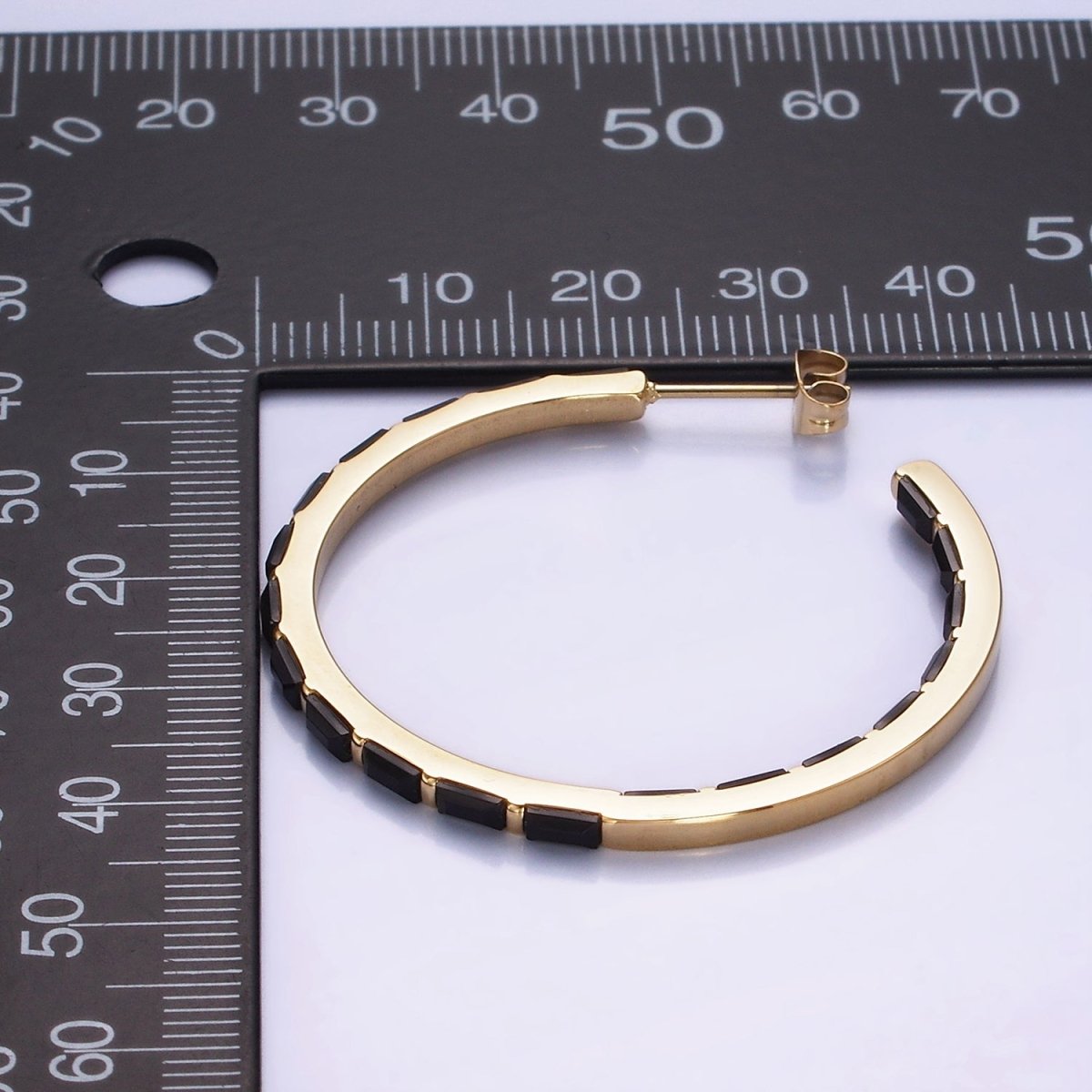 Stainless Steel 40mm Black Baguette CZ Lined C-Shaped Hoop Earrings | AB1151