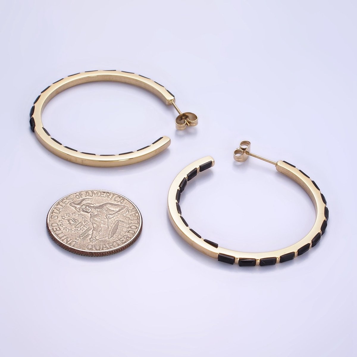 Stainless Steel 40mm Black Baguette CZ Lined C-Shaped Hoop Earrings | AB1151