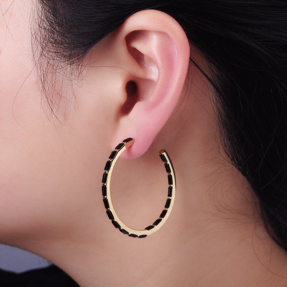 Stainless Steel 40mm Black Baguette CZ Lined C-Shaped Hoop Earrings | AB1151