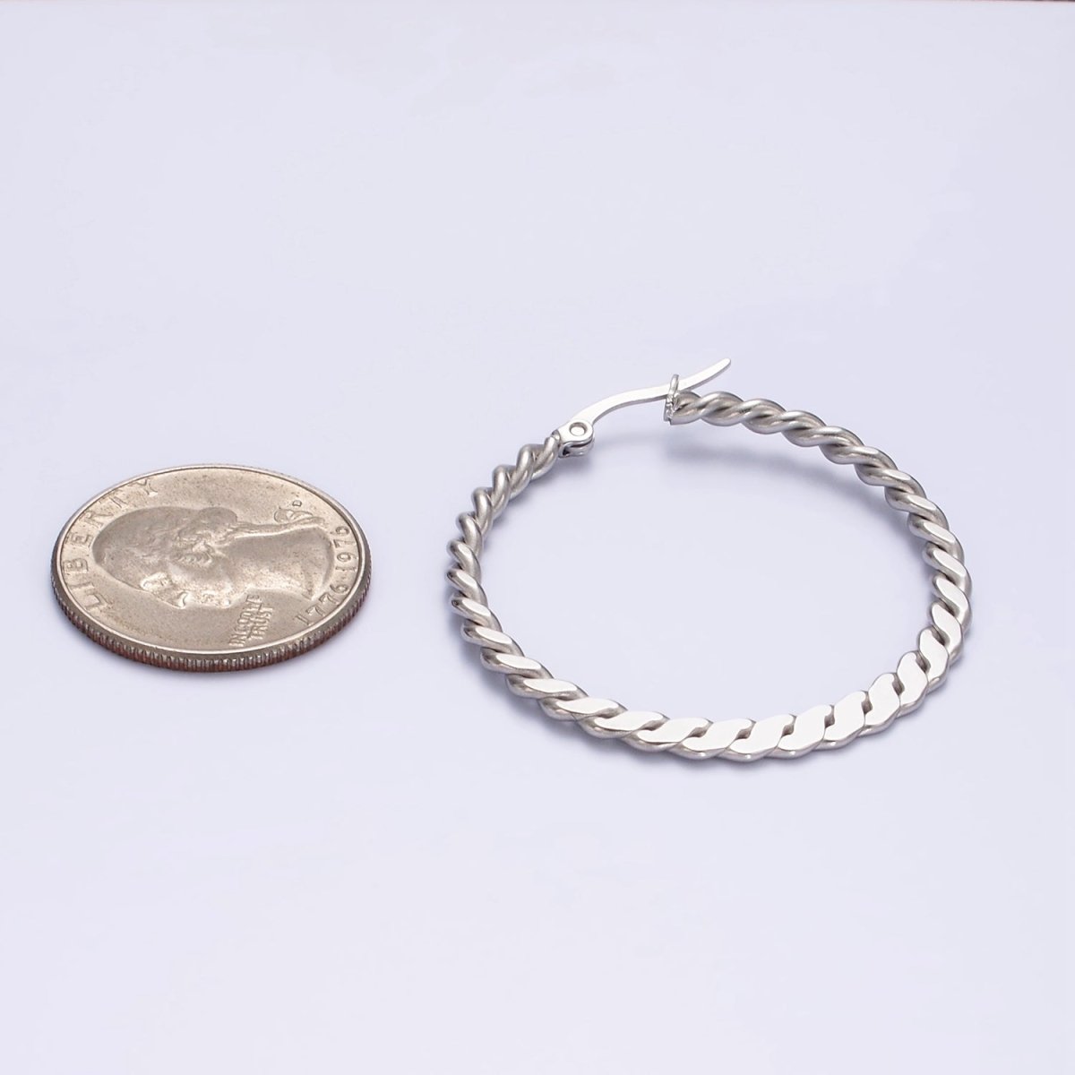Stainless Steel 40mm Braided Twist Flat Geometric French Lock Latch Hoop Earrings | AE100