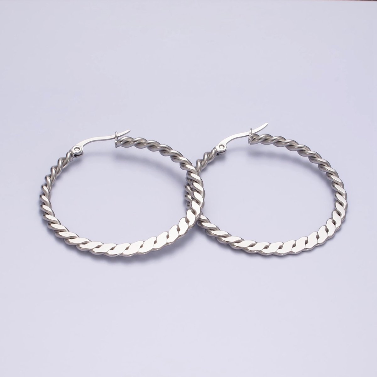 Stainless Steel 40mm Braided Twist Flat Geometric French Lock Latch Hoop Earrings | AE100