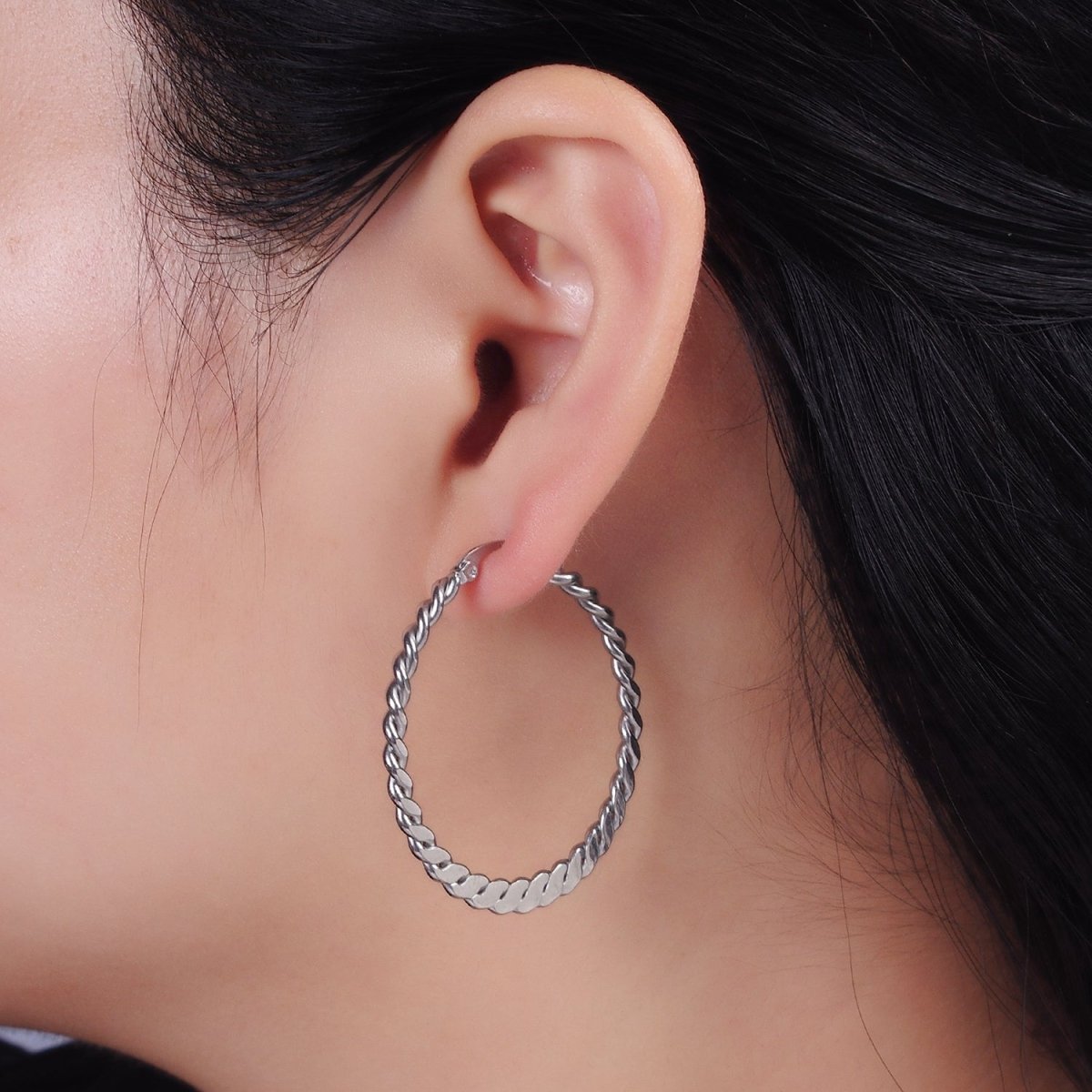 Stainless Steel 40mm Braided Twist Flat Geometric French Lock Latch Hoop Earrings | AE100
