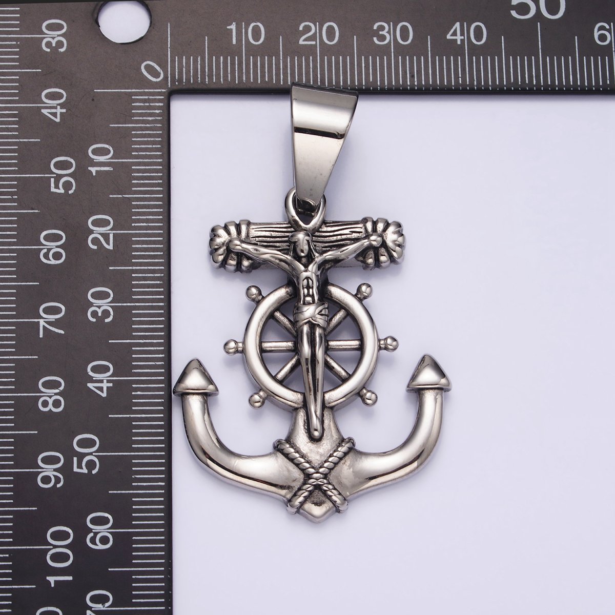 Stainless Steel 45.5mm Crucifix Jesus Steering Wheel Anchor Pendant | P-823