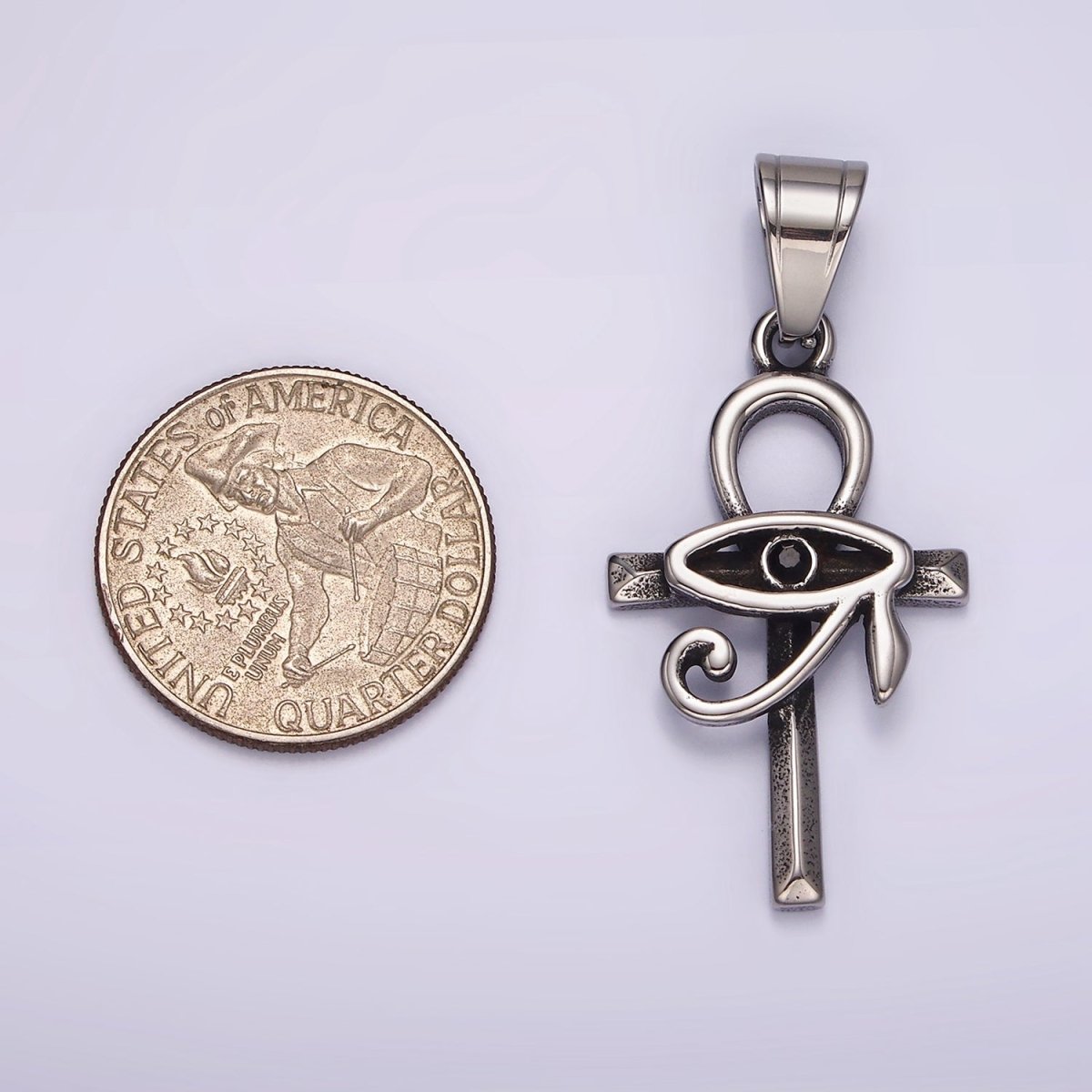 Stainless Steel 45mm Eye of Ra Edged Ankh Cross Oxidized Pendant | P1178