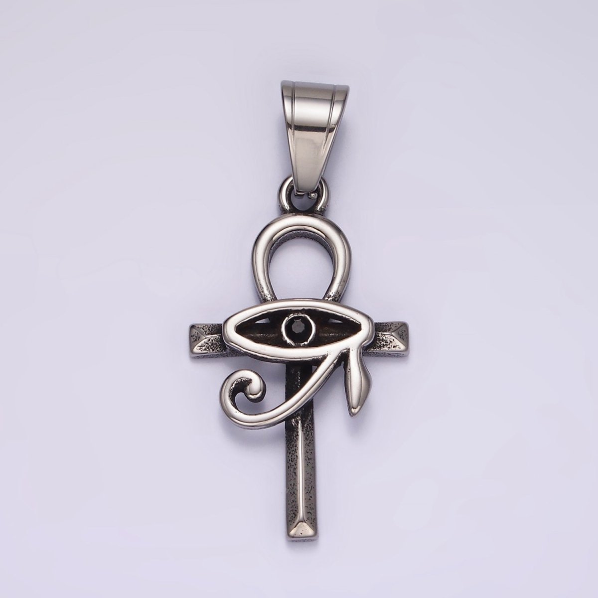 Stainless Steel 45mm Eye of Ra Edged Ankh Cross Oxidized Pendant | P1178