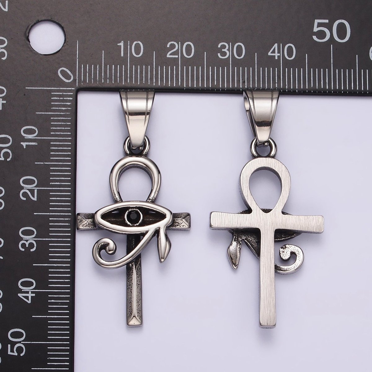 Stainless Steel 45mm Eye of Ra Edged Ankh Cross Oxidized Pendant | P1178