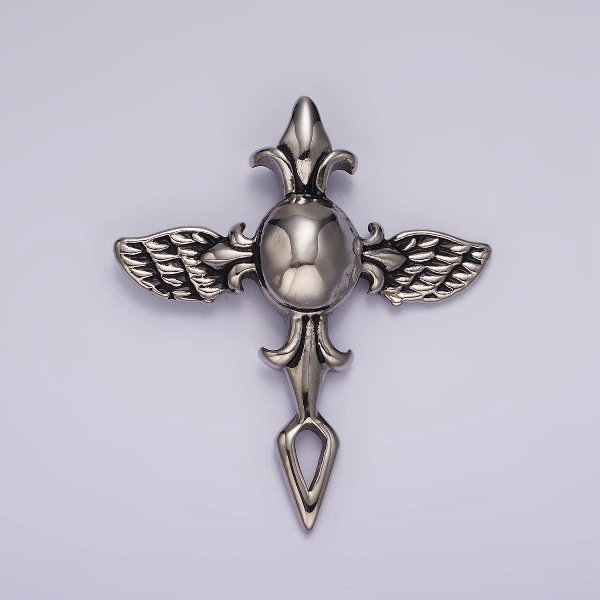 Stainless Steel 45mm Fleur Angel Wings Geometric Cross Pendant | P1365