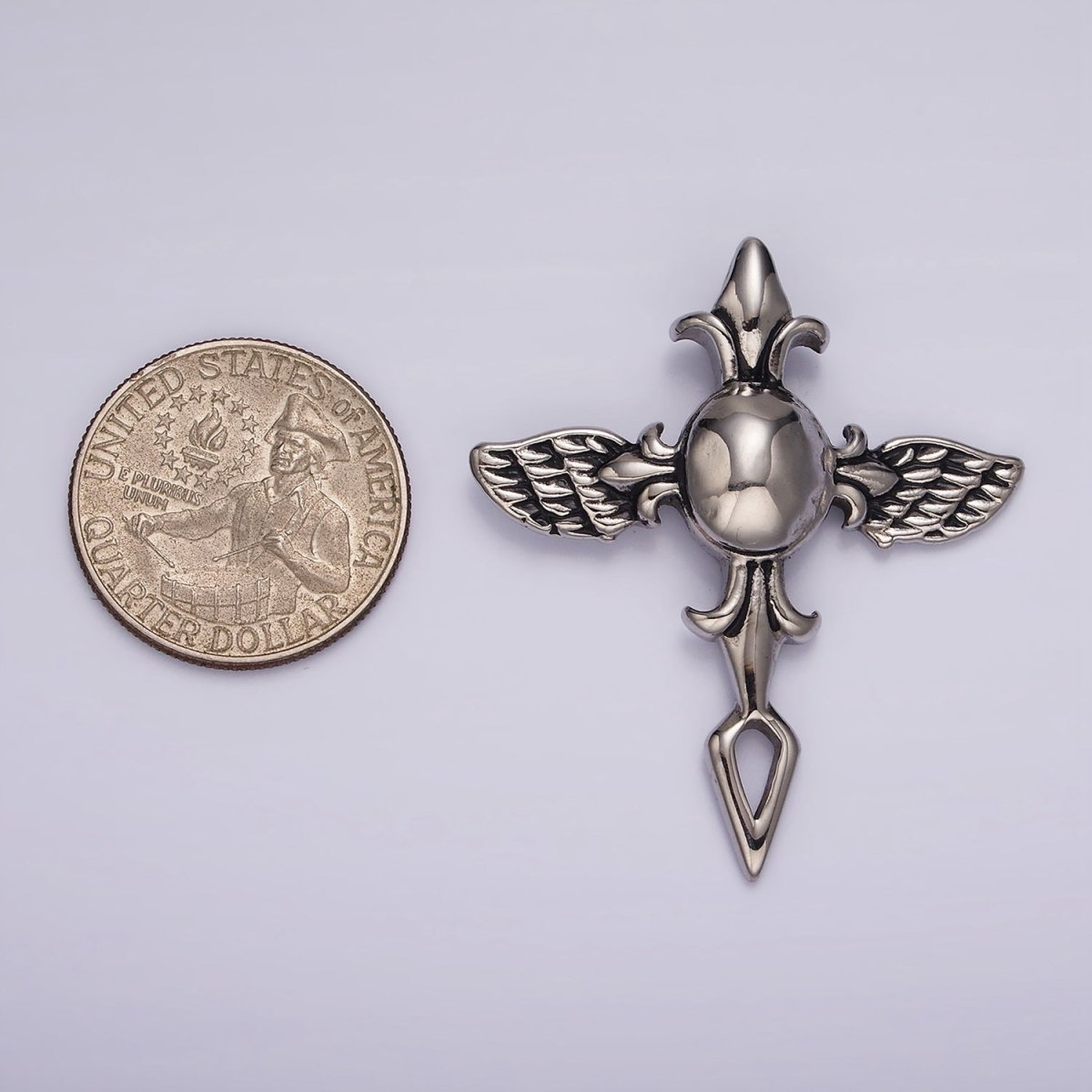 Stainless Steel 45mm Fleur Angel Wings Geometric Cross Pendant | P1365
