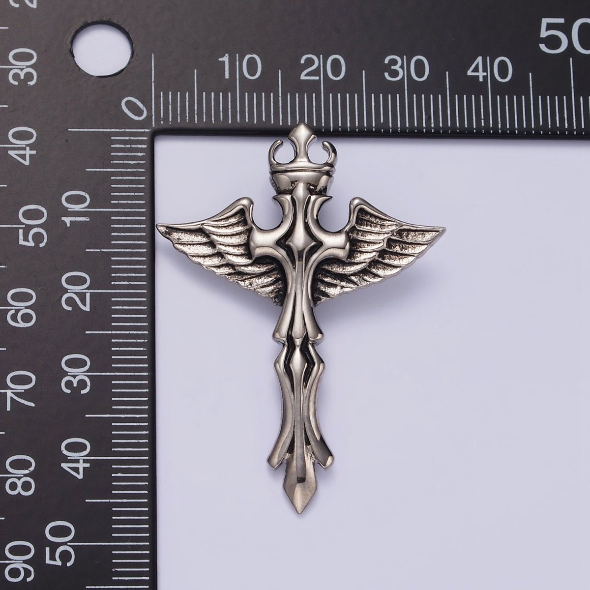 Stainless Steel 46.5mm Artisan Fleury Cross Crown Feather Wings Pendant | P-805