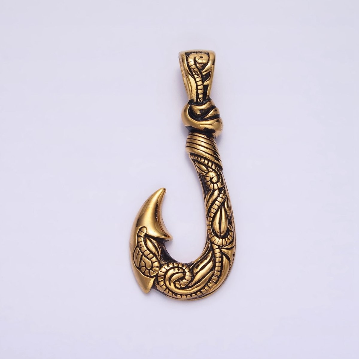 Stainless Steel 47mm Fish J-Hook Vine Engraved Pendant in Silver & Gold | P-779