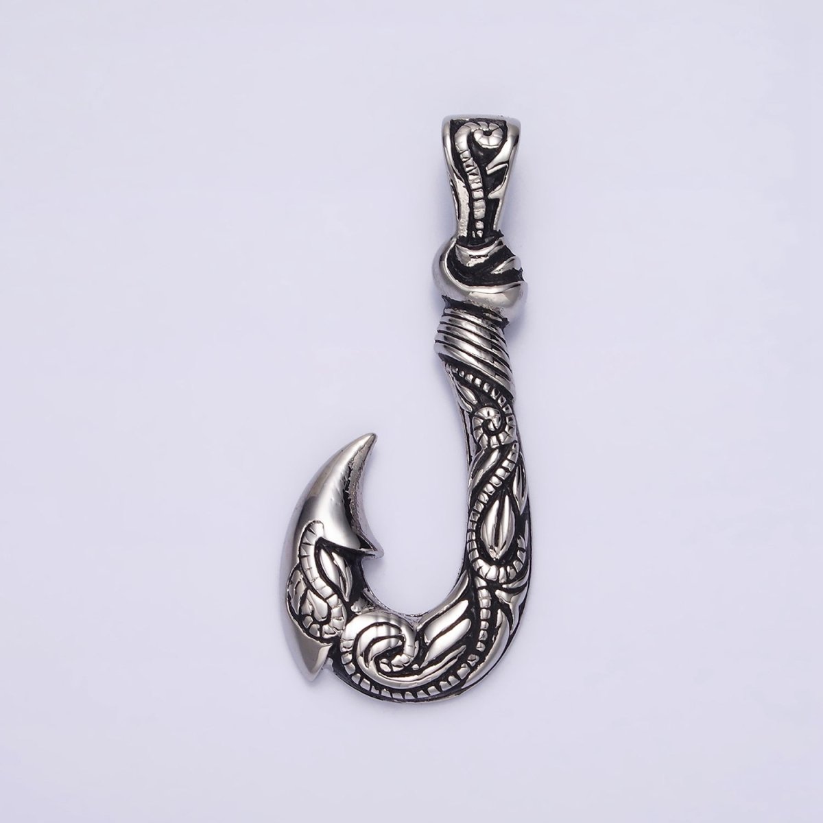 Stainless Steel 47mm Fish J-Hook Vine Engraved Pendant in Silver & Gold | P-779