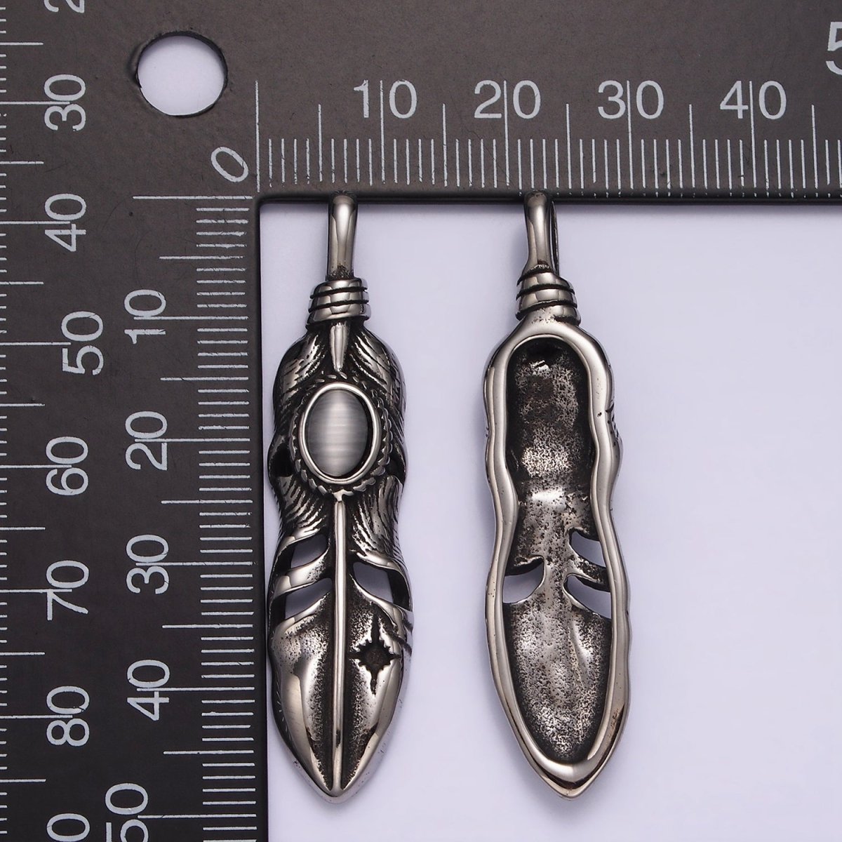 Stainless Steel 49mm Feather Charm Long Statement Boho Oxidized Pendant | P870