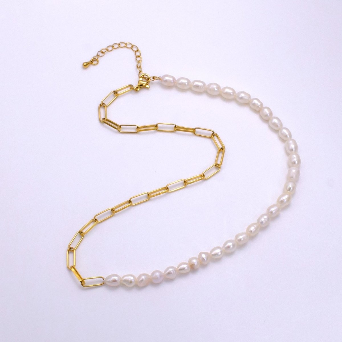 Stainless Steel 4mm Paperclip Half Ringed Freshwater Pearl 16 Inch Choker Necklace | WA-2324 Clearance Pricing