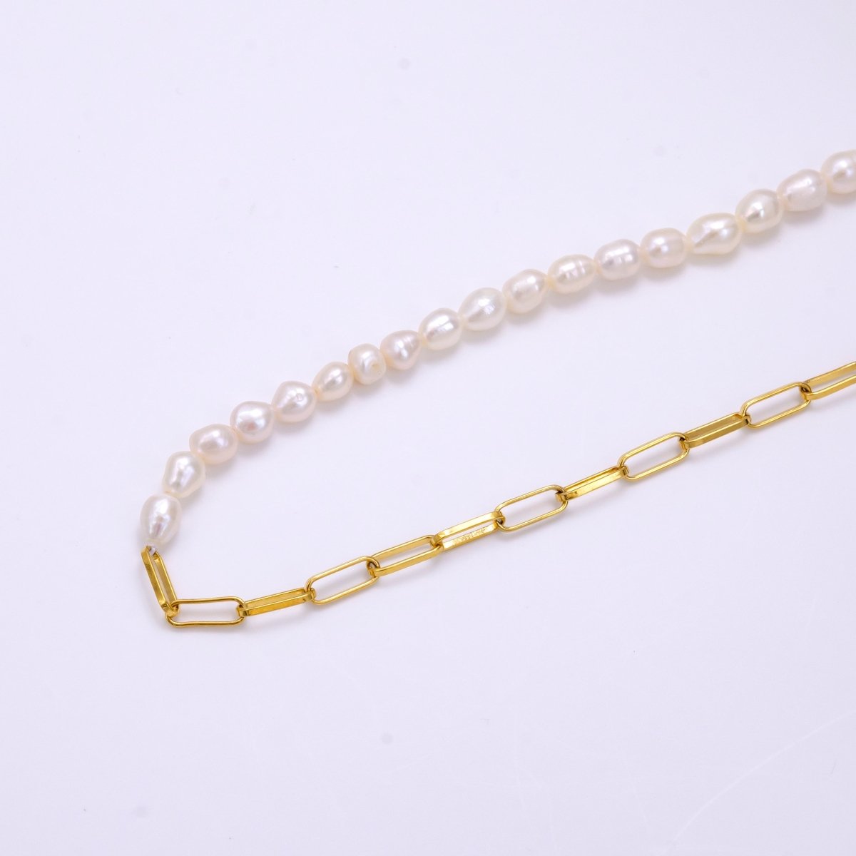 Stainless Steel 4mm Paperclip Half Ringed Freshwater Pearl 16 Inch Choker Necklace | WA-2324 Clearance Pricing