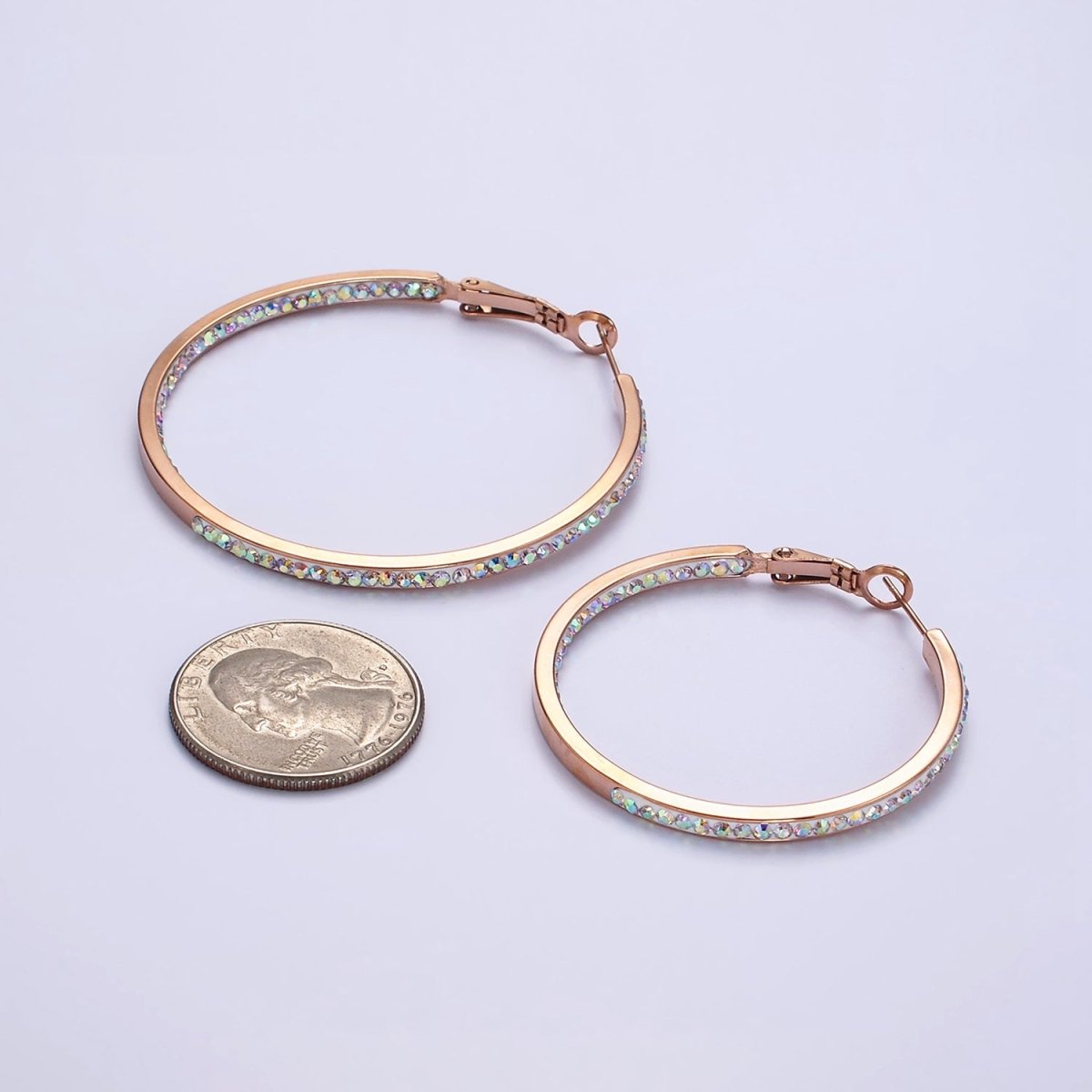 Stainless Steel 50mm, 40mm Iridescent CZ Lined Front-Facing Hinge Hoop Earrings | AE101