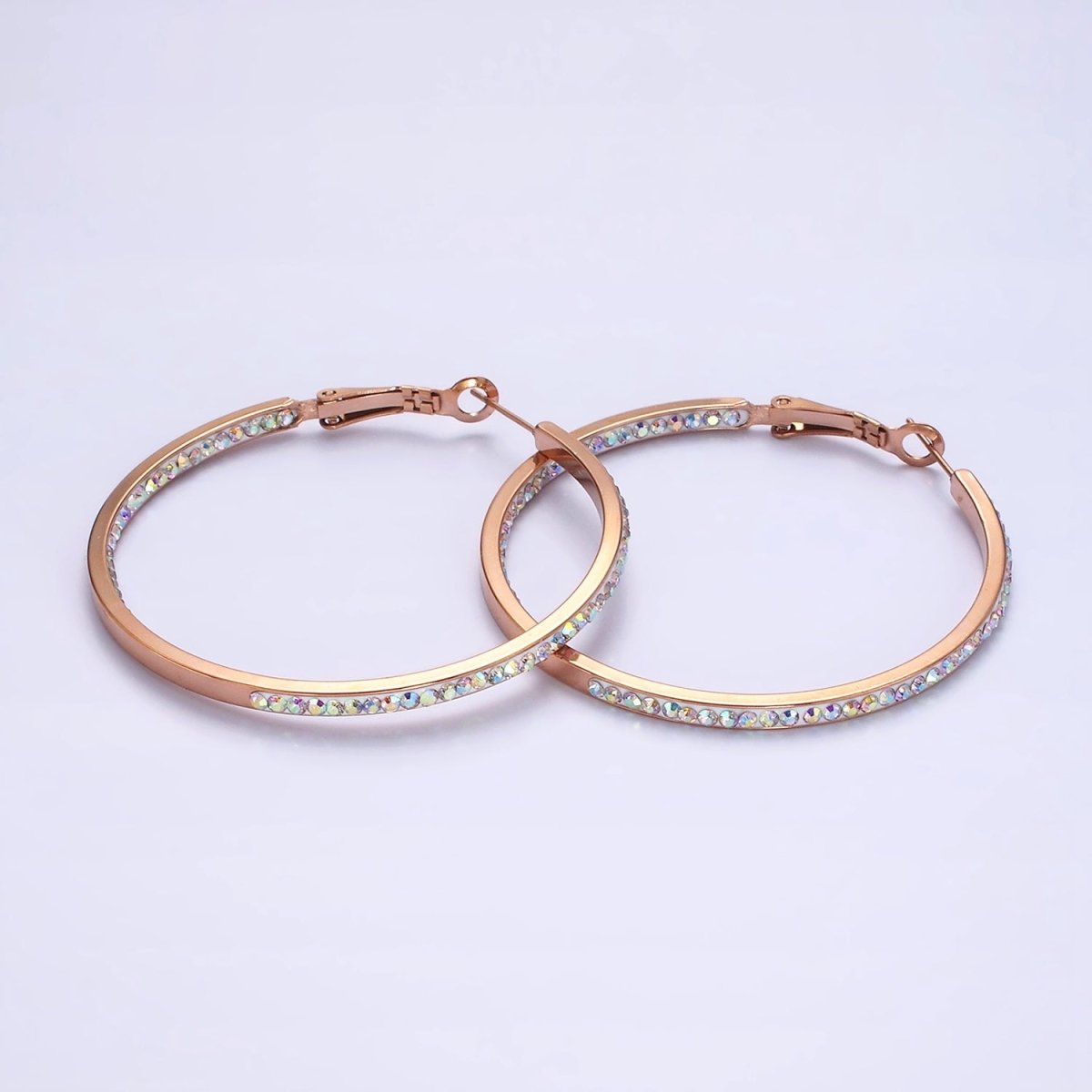 Stainless Steel 50mm, 40mm Iridescent CZ Lined Front-Facing Hinge Hoop Earrings | AE101