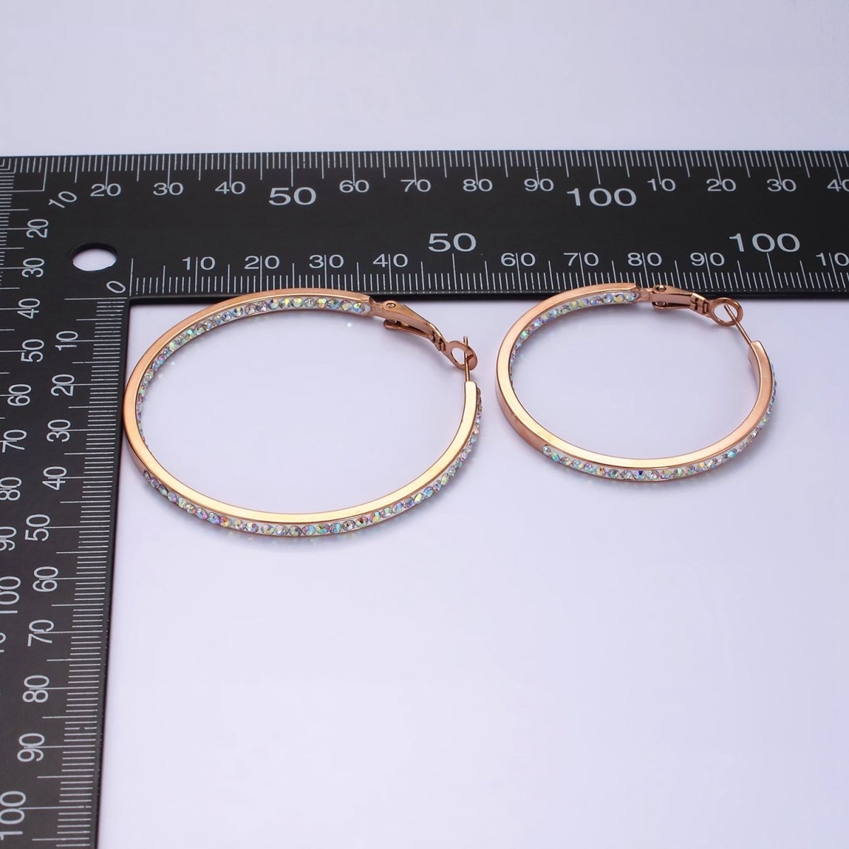 Stainless Steel 50mm, 40mm Iridescent CZ Lined Front-Facing Hinge Hoop Earrings | AE101