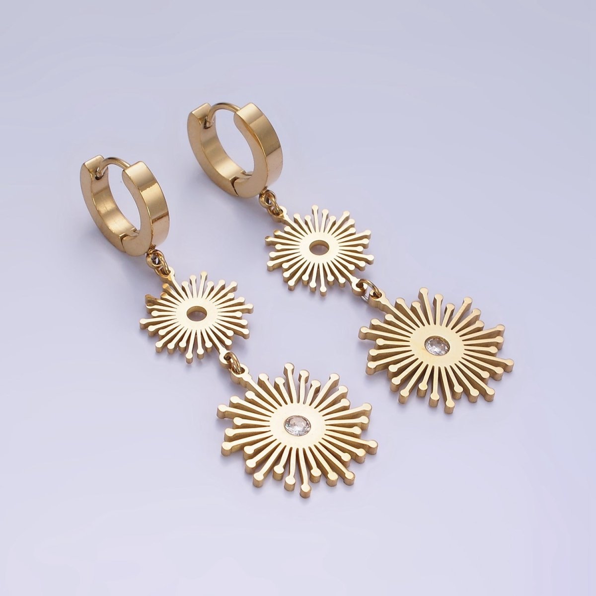 Stainless Steel 50mm Celestial Sun Ray CZ Double Drop Huggie Earrings | AE463